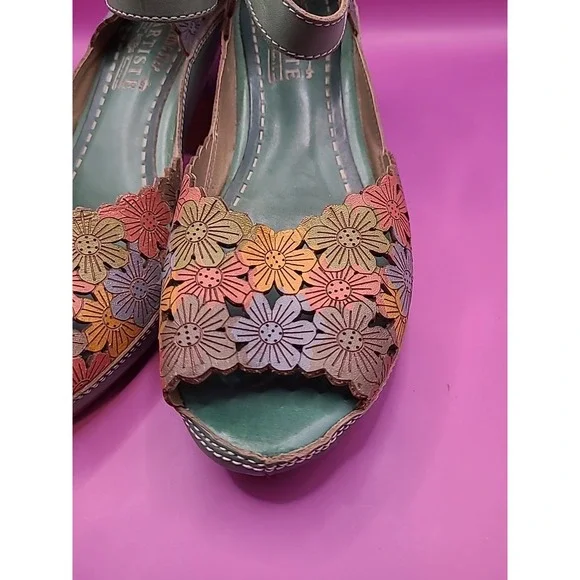 L'Artiste AVNIA Sandals Blue Multi Floral Hand Painted Peep Toe Heels 39 - Picture 9 of 12